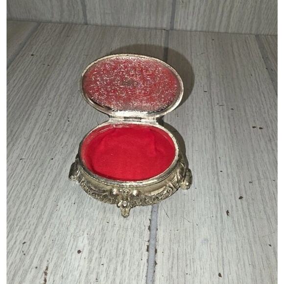 Antique Mini Trinket Jewelry Box Beautiful Deep Blue Silver Tone Oval Lined - Picture 3 of 7